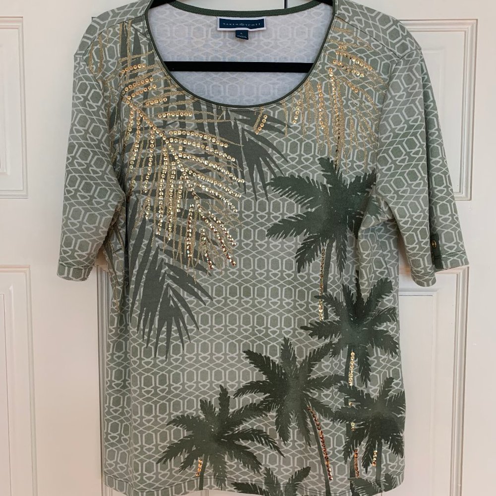 Karen Scott Green & Gold Sequin Palm Shirt
